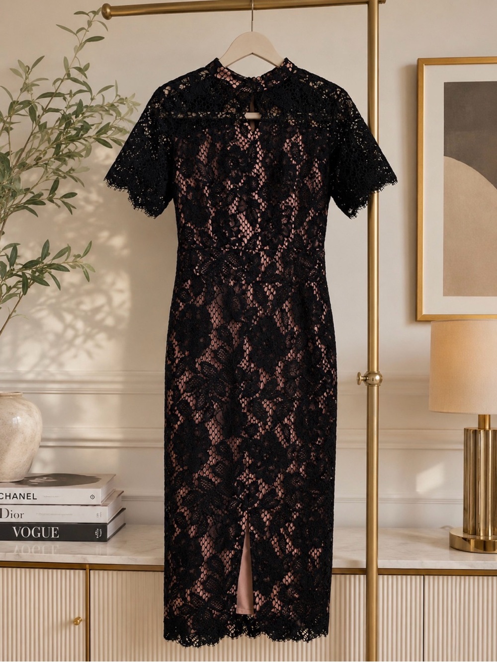 Alexis Black Lace Midi Dress with Nude Underlay